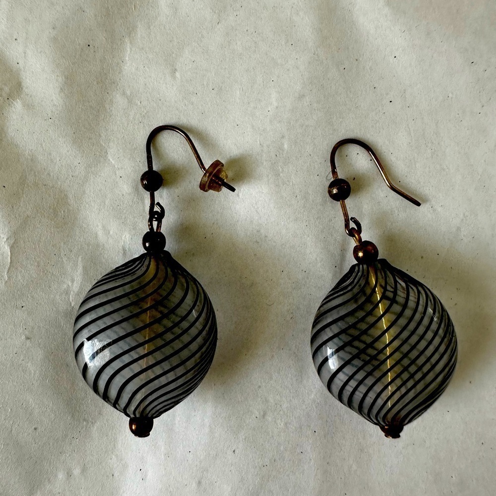 Venetian glass round bead dangling pierced earrings.   On Gold tone wire 1 3/4”